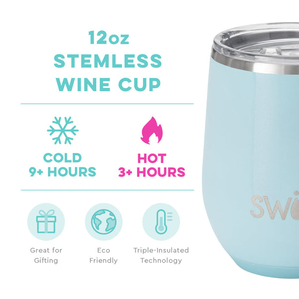 Swig Life 12oz Shimmer Aquamarine Stemless Wine Cup temperature infographic - cold 9+ hours or hot 3+ hours