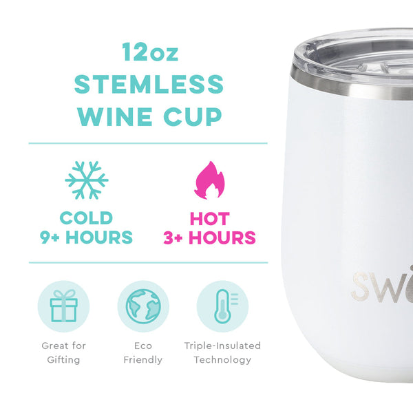 Swig Life 12oz Shimmer White Stemless Wine Cup temperature infographic - cold 9+ hours or hot 3+ hours