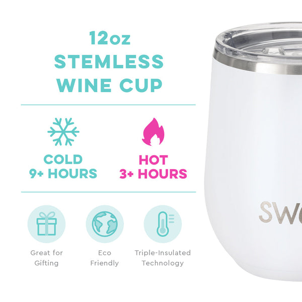Swig Life 12oz White Stemless Wine Cup temperature infographic - cold 9+ hours or hot 3+ hours