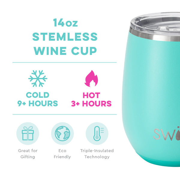 Swig Life 14oz Aqua Stemless Wine Cup temperature infographic - cold 9+ hours or hot 3+ hours