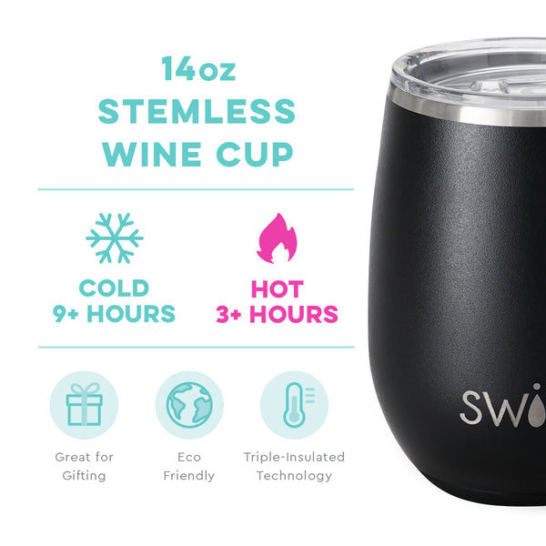 Swig Life 14oz Black Stemless Wine Cup temperature infographic - cold 9+ hours or hot 3+ hours