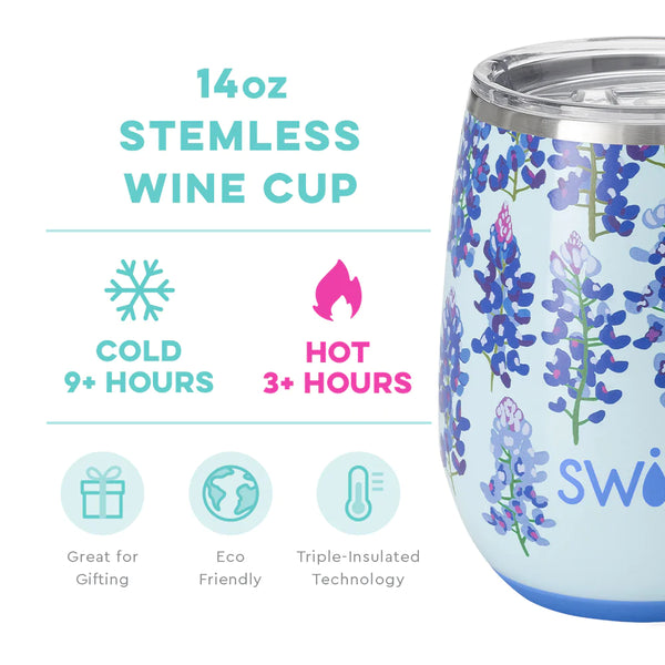 Swig Life 14oz Bluebonnet Stemless Wine Cup temperature infographic - cold 9+ hours or hot 3+ hours