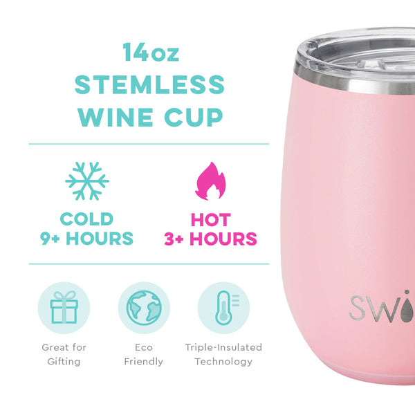 Swig Life 14oz Blush Stemless Wine Cup temperature infographic - cold 9+ hours or hot 3+ hours