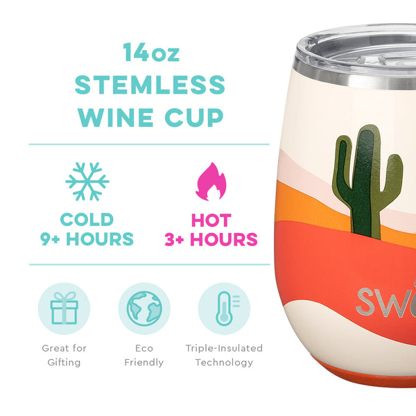 Swig Life 14oz Boho Desert Stemless Wine Cup temperature infographic - cold 9+ hours or hot 3+ hours