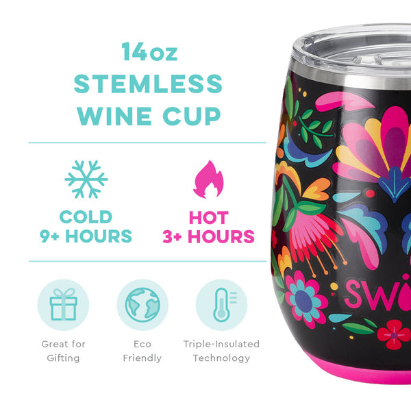 Swig Life 14oz Caliente Stemless Wine Cup temperature infographic - cold 9+ hours or hot 3+ hours
