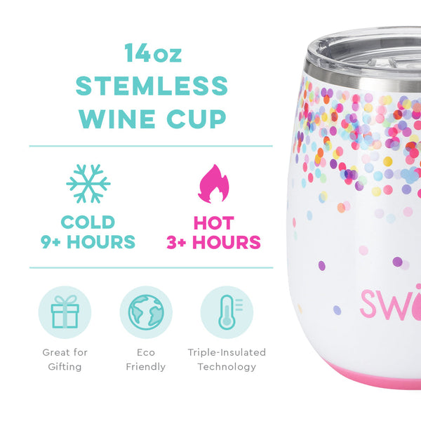 Swig Life 14oz Confetti Stemless Wine Cup temperature infographic - cold 9+ hours or hot 3+ hours