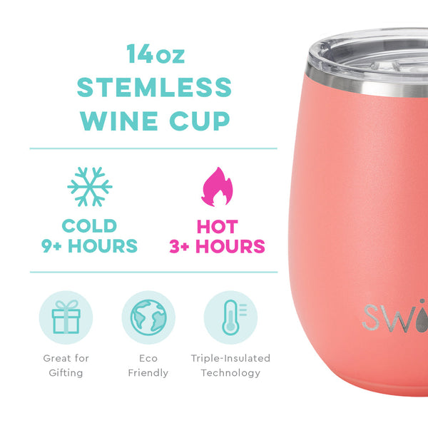 Swig Life 14oz Coral Stemless Wine Cup temperature infographic - cold 9+ hours or hot 3+ hours