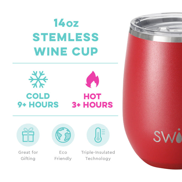 Swig Life 14oz Crimson Stemless Wine Cup temperature infographic - cold 9+ hours or hot 3+ hours