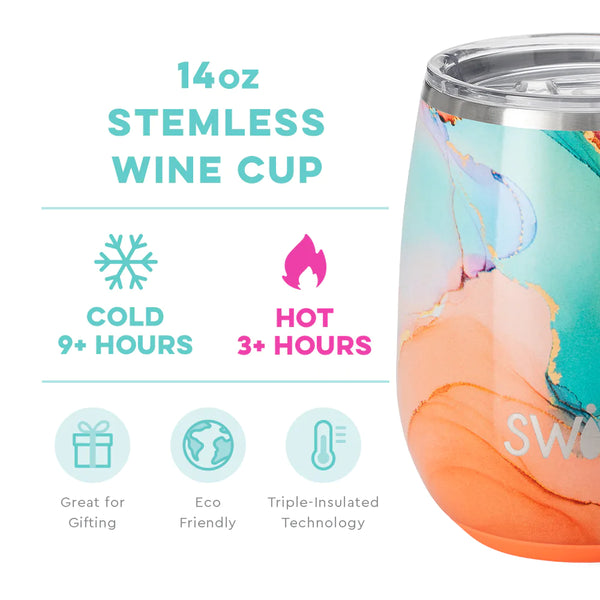 Swig Life 14oz Dreamsicle Stemless Wine Cup temperature infographic - cold 9+ hours or hot 3+ hours