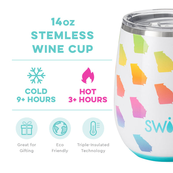 Swig Life 14oz Georgia Stemless Wine Cup temperature infographic - cold 9+ hours or hot 3+ hours