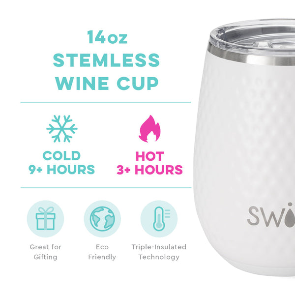 Swig Life 14oz Golf Partee Stemless Wine Cup temperature infographic - cold 9+ hours or hot 3+ hours