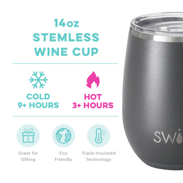 Swig Life 14oz Grey Stemless Wine Cup temperature infographic - cold 9+ hours or hot 3+ hours
