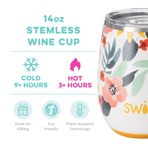 Swig Life 14oz Honey Meadow Stemless Wine Cup temperature infographic - cold 9+ hours or hot 3+ hours