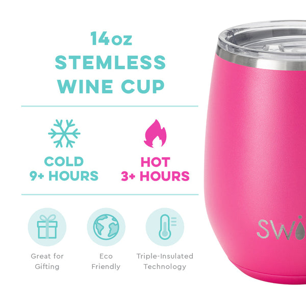 Swig Life 14oz Hot Pink Stemless Wine Cup temperature infographic - cold 9+ hours or hot 3+ hours