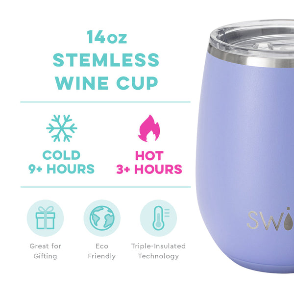 Swig Life 14oz Hydrangea Stemless Wine Cup temperature infographic - cold 9+ hours or hot 3+ hours