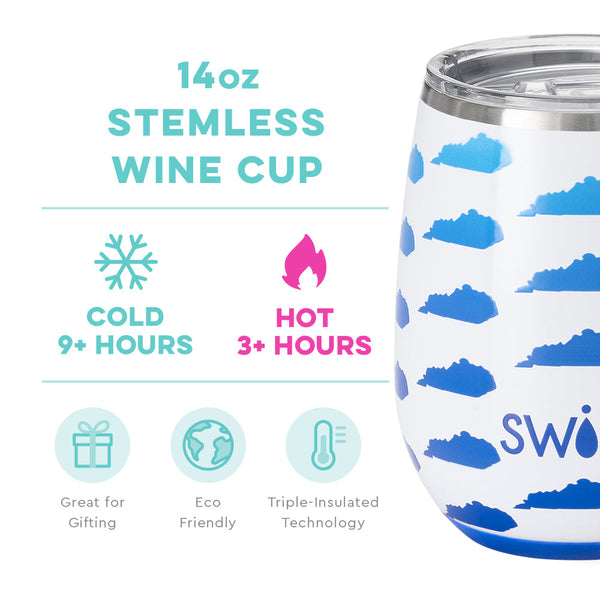 Swig Life 14oz Kentucky Stemless Wine Cup temperature infographic - cold 9+ hours or hot 3+ hours