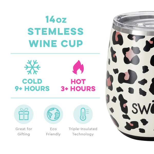 Swig Life 14oz Luxy Leopard Stemless Wine Cup temperature infographic - cold 9+ hours or hot 3+ hours