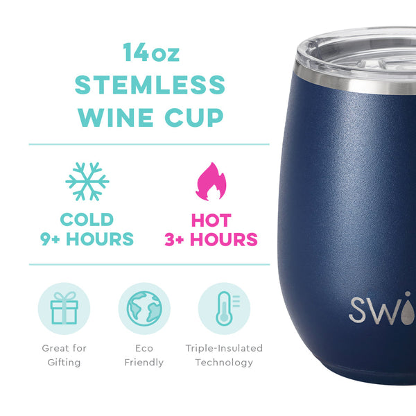 Swig Life 14oz Navy Stemless Wine Cup temperature infographic - cold 9+ hours or hot 3+ hours
