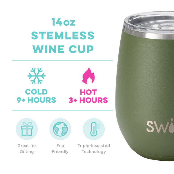 Swig Life 14oz Olive Stemless Wine Cup temperature infographic - cold 9+ hours or hot 3+ hours