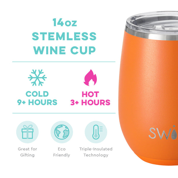 Swig Life 14oz Orange Stemless Wine Cup temperature infographic - cold 9+ hours or hot 3+ hours