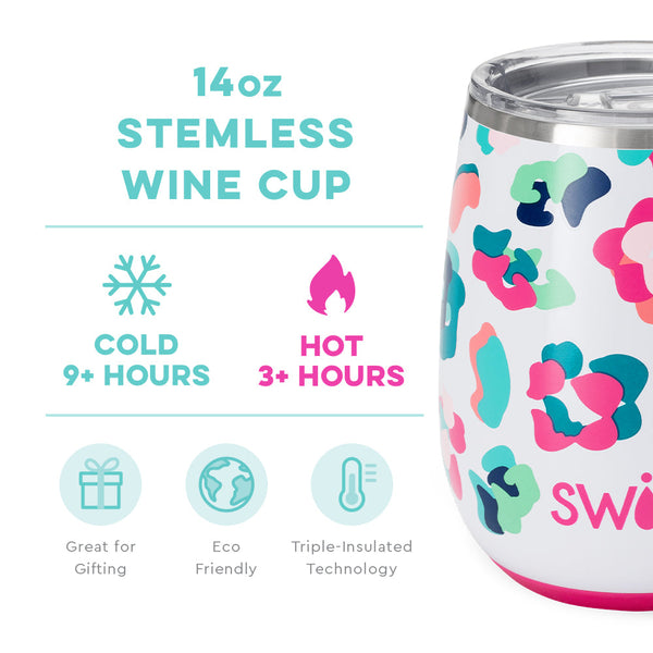 Swig Life 14oz Party Animal Stemless Wine Cup temperature infographic - cold 9+ hours or hot 3+ hours