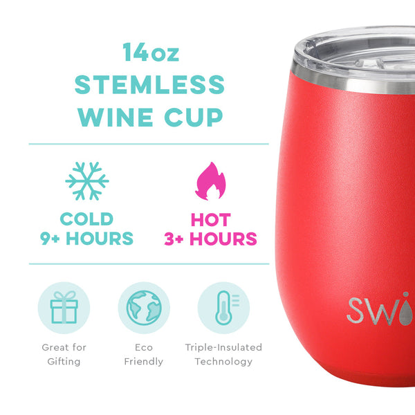 Swig Life 14oz Red Stemless Wine Cup temperature infographic - cold 9+ hours or hot 3+ hours