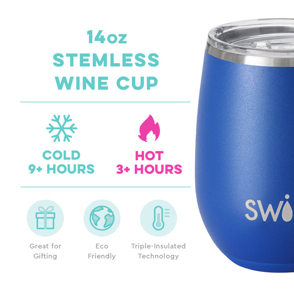 Swig Life 14oz Royal Stemless Wine Cup temperature infographic - cold 9+ hours or hot 3+ hours