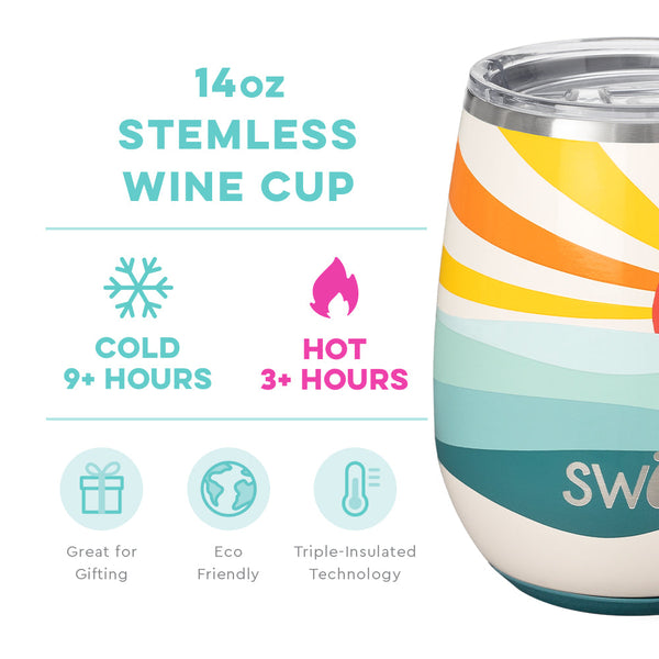 Swig Life 14oz Sun Dance Stemless Wine Cup temperature infographic - cold 9+ hours or hot 3+ hours