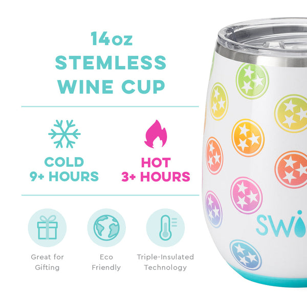 Swig Life 14oz Tennessee Stemless Wine Cup temperature infographic - cold 9+ hours or hot 3+ hours
