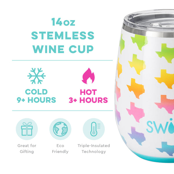 Swig Life 14oz Texas Stemless Wine Cup temperature infographic - cold 9+ hours or hot 3+ hours