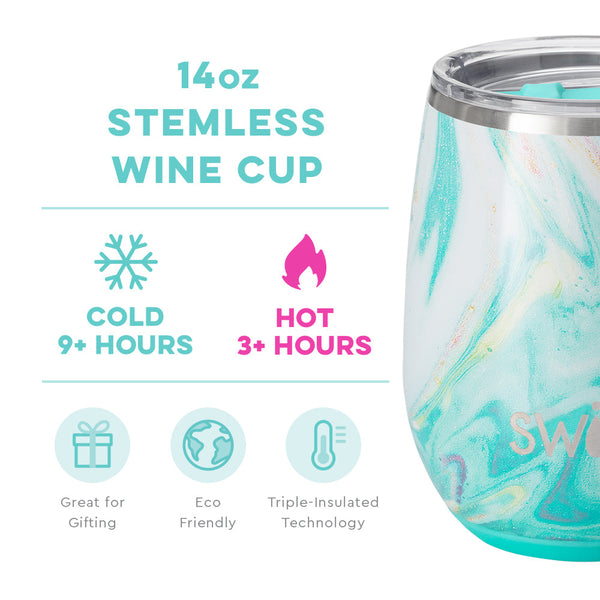 Swig Life 14oz Wanderlust Stemless Wine Cup temperature infographic - cold 9+ hours or hot 3+ hours