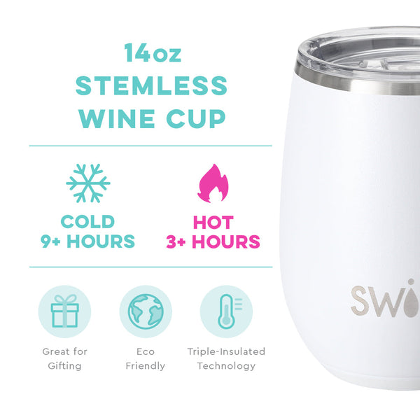 Swig Life 14oz White Stemless Wine Cup temperature infographic - cold 9+ hours or hot 3+ hours