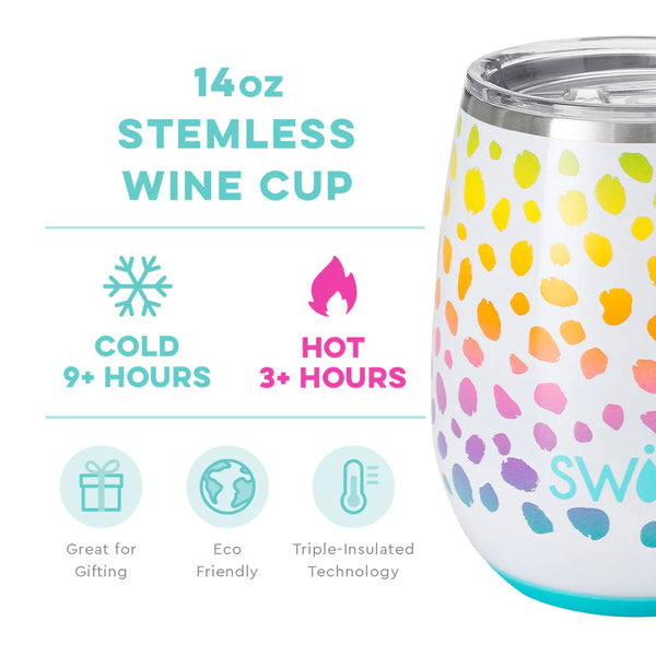 Swig Life 14oz Wild Child Stemless Wine Cup temperature infographic - cold 9+ hours or hot 3+ hours