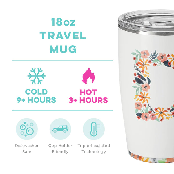 Swig Life 18oz Honey Meadow with Initial D Travel Mug temperature infographic - cold 9+ hours or hot 3+ hours