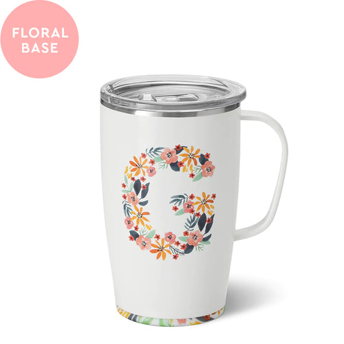 Swig Life 18oz Honey Meadow with Initial G Insulated Travel Mug with Handle and floral base