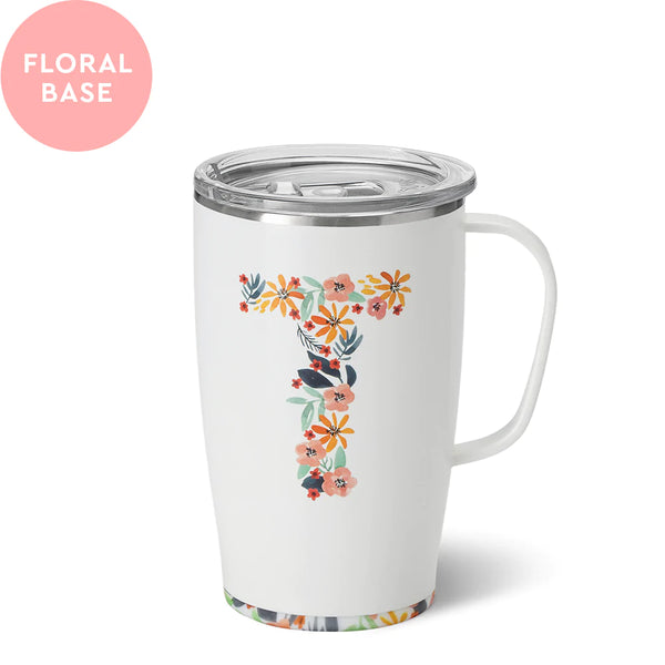 Swig Life 18oz Honey Meadow with Initial T Insulated Travel Mug with Handle and floral base