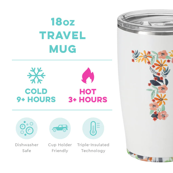 Swig Life 18oz Honey Meadow with Initial T Travel Mug temperature infographic - cold 9+ hours or hot 3+ hours