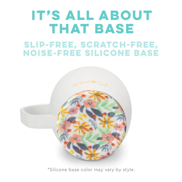 Swig Life Built-in Silicone Coaster Base infographic shown in Honey Meadow floral pattern - slip-free, scratch-free, noise-free 