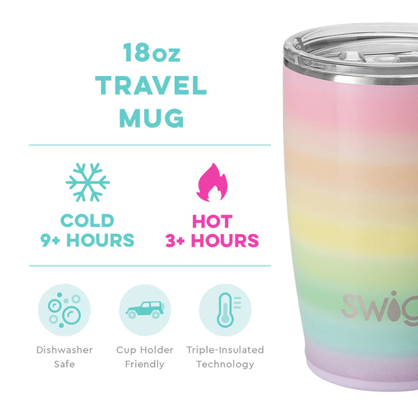 Swig Life 18oz Over the Rainbow Travel Mug temperature infographic - cold 9+ hours or hot 3+ hours