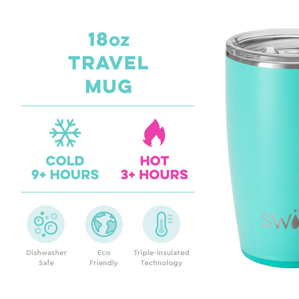Swig Life 18oz Aqua Travel Mug temperature infographic - cold 9+ hours or hot 3+ hours