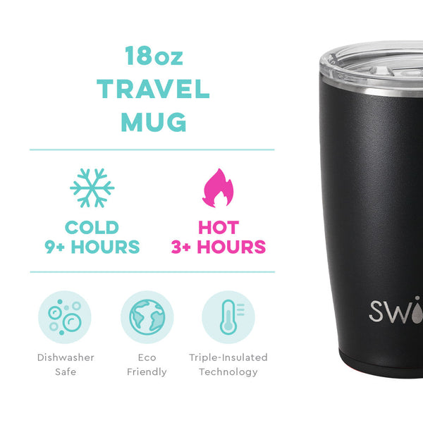 Swig Life 18oz Black Travel Mug temperature infographic - cold 9+ hours or hot 3+ hours