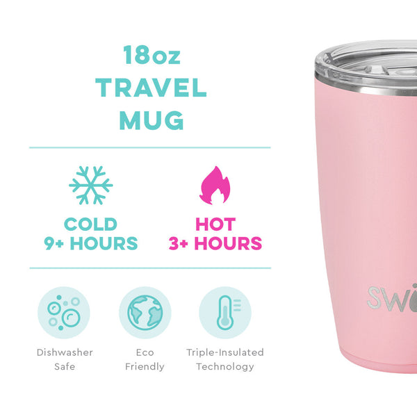 Swig Life 18oz Blush Travel Mug temperature infographic - cold 9+ hours or hot 3+ hours