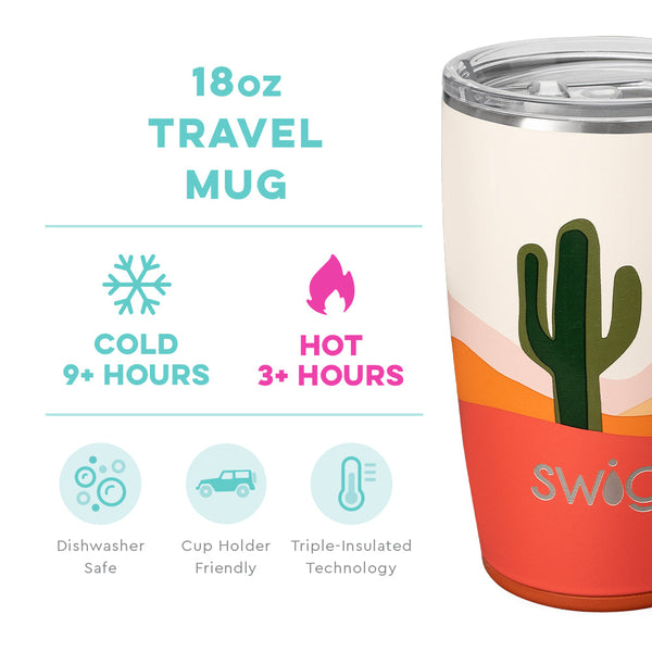 Swig Life 18oz Boho Desert Travel Mug temperature infographic - cold 9+ hours or hot 3+ hours