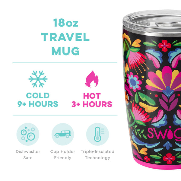 Swig Life 18oz Caliente Travel Mug temperature infographic - cold 9+ hours or hot 3+ hours