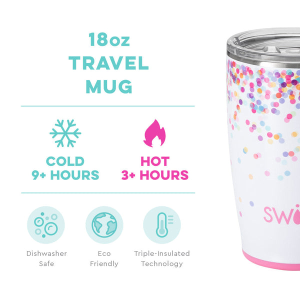 Swig Life 18oz Confetti  Travel Mug temperature infographic - cold 9+ hours or hot 3+ hours