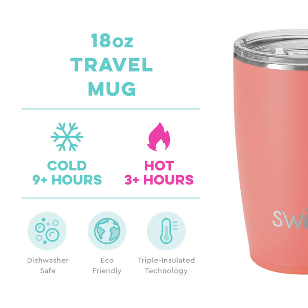 Swig Life 18oz Coral Travel Mug temperature infographic - cold 9+ hours or hot 3+ hours