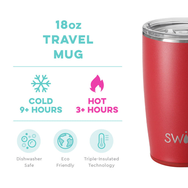 Swig Life 18oz Crimson Travel Mug temperature infographic - cold 9+ hours or hot 3+ hours