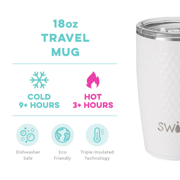 Swig Life 18oz Golf Partee Travel Mug temperature infographic - cold 9+ hours or hot 3+ hours