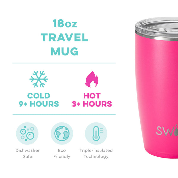 Swig Life 18oz Hot Pink Travel Mug temperature infographic - cold 9+ hours or hot 3+ hours
