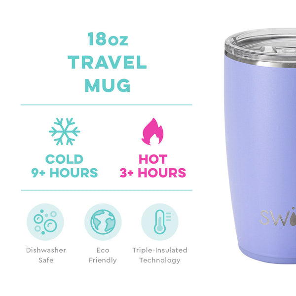 Swig Life 18oz Hydrangea Travel Mug temperature infographic - cold 9+ hours or hot 3+ hours
